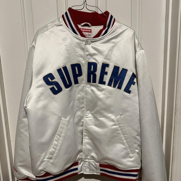 Supreme White Varsity Jacket with Blue and Red Details